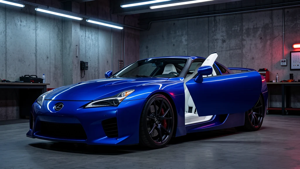 Blue Lexus LFA in a dark workshop with the door open revealing a white leather interior
